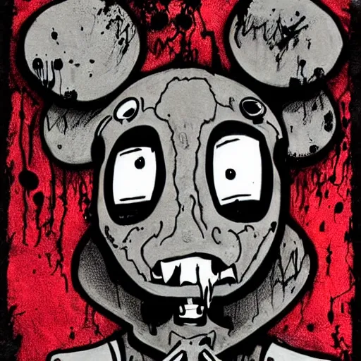 Prompt: grunge cartoon drawing of a teddy bear with bloody eyes by - invader zim, loony toons style, horror theme, detailed, elegant, intricate
