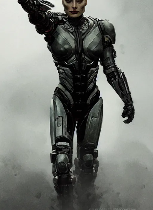 Image similar to margot robbie as victor stone, full body concept, cyborg, borg, strogg, face of a man, terminator, flesh, quake strogg, doom demon, wolfenstein, monstrous, powerful, symmetry, symmetrical, concept art by ruan jia and greg rutkowski