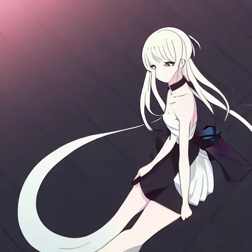 Prompt: White Fox anime, Kyoto animation, Wit studio anime:: woman, black dress, scowl, rooftop party, symmetrical eyes, middle shot, romantic lighting, 2D animation