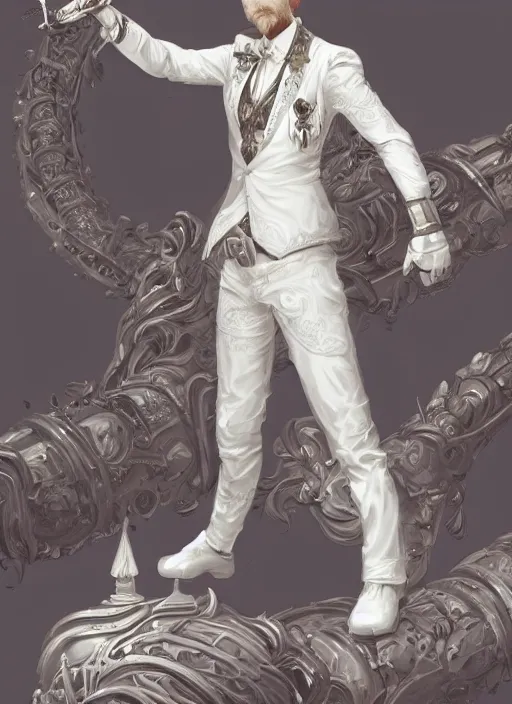 Image similar to a highly detailed illustration of short ginger haired man wearing white suit, dramatic holding ornate mechanical cane pose, intricate, elegant, highly detailed, centered, digital painting, artstation, concept art, smooth, sharp focus, league of legends concept art, WLOP