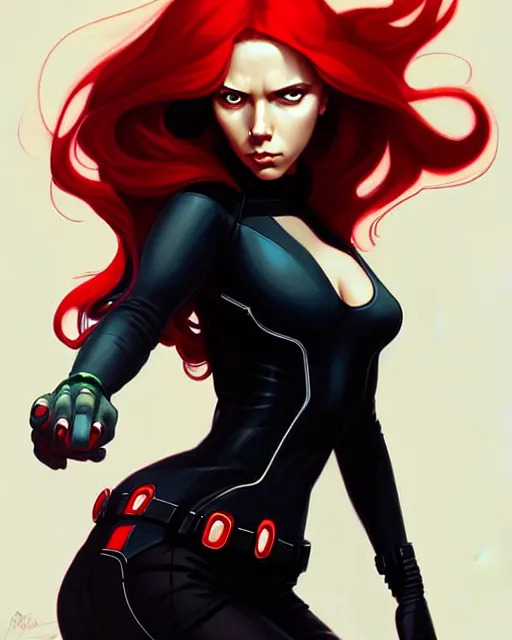 Image similar to peter mohrbacher, phil noto, artgerm, pretty scarlett johansson black widow, symmetrical eyes, long red hair