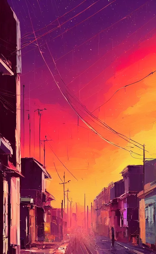 Prompt: a beautiful illustration of a street at sunset, art of alena aenami, featured on artstation, vertical orientation, paint brush strokes, expressionism, brushstroke - laden, purple hue, breathtaking clouds, traffic lights, wet concrete, beauttiful stars, cables, long exposure