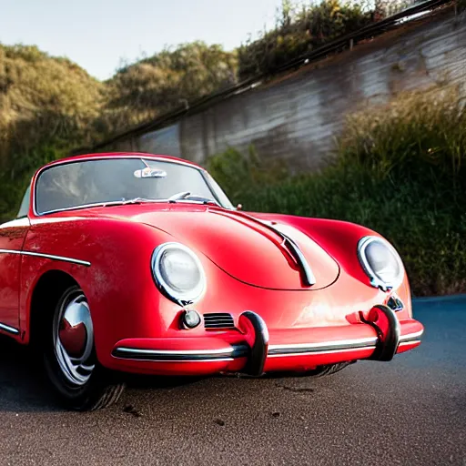 Prompt: abadoned porsche 356 roadster, red interior, at a car park next to a beach in california , morning