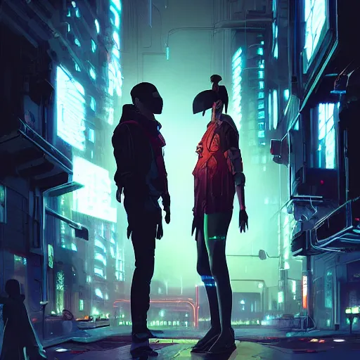 Image similar to two people arguing, detailed digital illustration by greg rutkowski, cyberpunk back alley, nighttime, colorful lighting, android netrunner