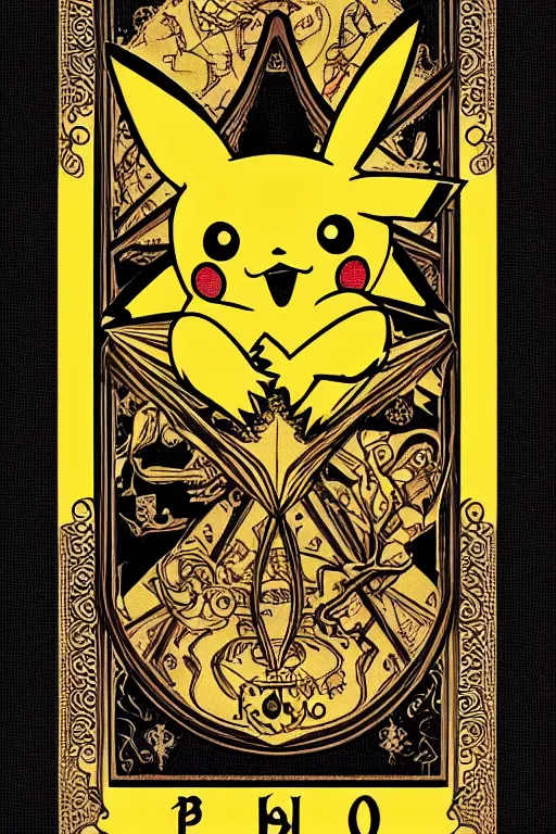 Image similar to Pikachu tarot card, art nouveau style, ornate borders, intricate details, trending on artstation