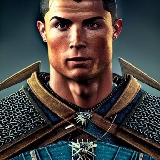 Image similar to Cristiano Ronaldo The Witcher 3 character, highly detailed, digital fantasy character, painted portrait, artstation, concept art, hard focus, illustrations, works by Artgerm and Greg Rutkowski, Alphonse Mucha and Craig Mullins, James Jean, Andrey Ryabovichev, Mark Simonetti and Peter Morbacher, 16k,