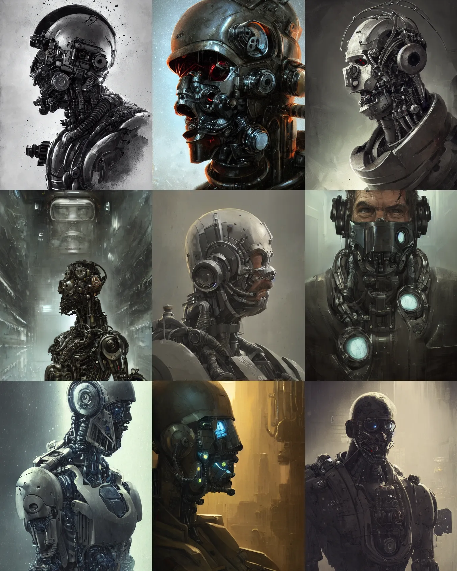 Prompt: a rugged engineer man with cybernetic enhancements doing research, detailed mask, scifi character portrait by greg rutkowski, esuthio, craig mullins, 1 / 4 headshot, cinematic lighting, dystopian scifi gear, gloomy, profile picture, mechanical, half robot, implants, steampunk