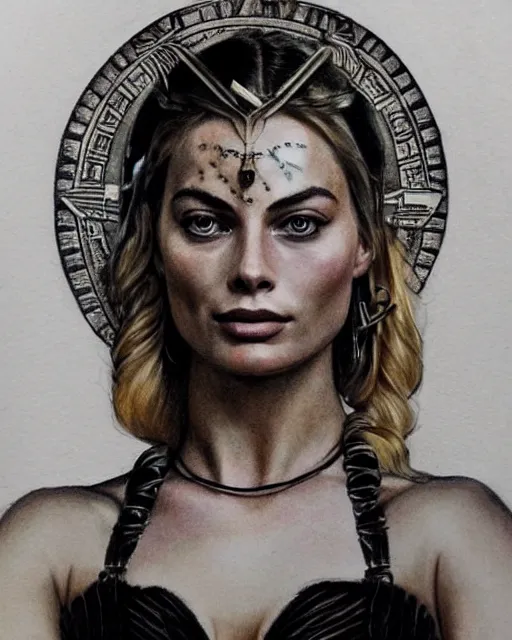 Image similar to realism tattoo sketch of margot robbie as a beautiful greek goddess aphrodite with piercing eyes wearing a laurel wreath and triangle earrings, in the style of greg rutkowski, amazing detail