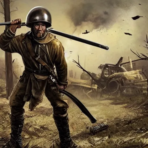 Image similar to Photo of a man wearing a combat helmet on his head holding a musket, postapocalyptic