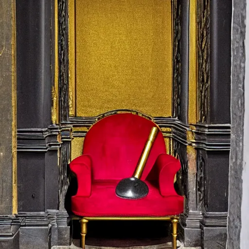 Image similar to a red chair surrounded by sinister and sinuous tools made of gold at the end of a black stone hallway