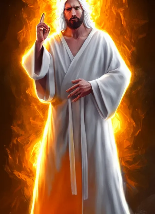 Image similar to « full length portrait of the white - haired jesus in a white robe and flaming yellow eyes, seven stars in right hand, grim - lighting, high - contrast, intricate, elegant, highly detailed, digital painting, artstation, concept art, smooth, sharp focus, illustration »