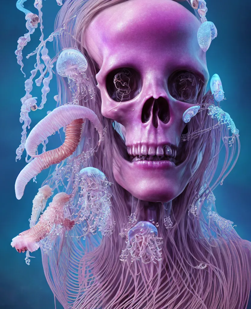 Image similar to goddess close - up portrait human skeleton, ram skull, jellyfish, orchid, betta fish, bioluminiscent, intricate artwork by tooth wu and wlop and beeple. octane render, trending on artstation, greg rutkowski very coherent symmetrical artwork. cinematic, hyper realism, high detail, octane render, 8 k