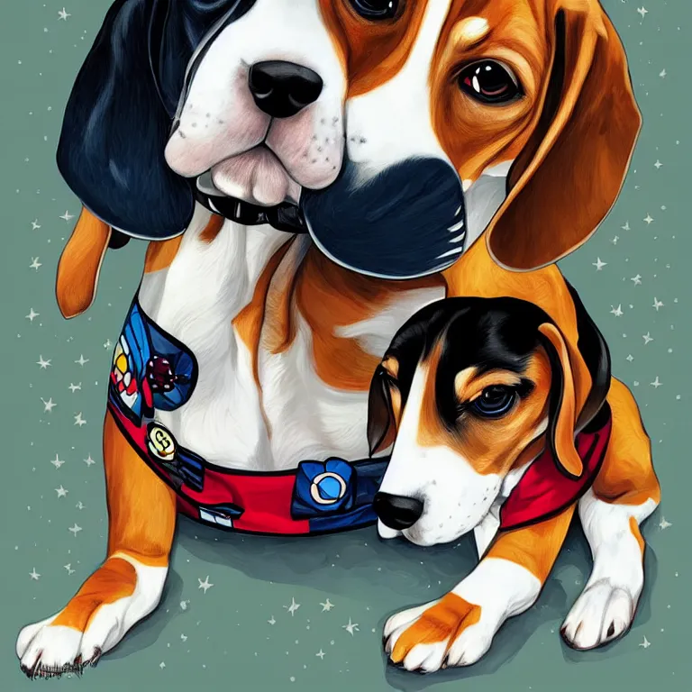 Image similar to a beagle puppy sleeping in a captains uniform by jeremiah ketner, Martine Johanna and Takashi Murakami, and Sandra Chevrier, digital art