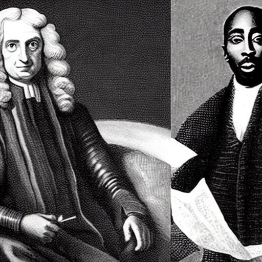 Prompt: a photo of sir isaac newton and tupac shakur as good friends