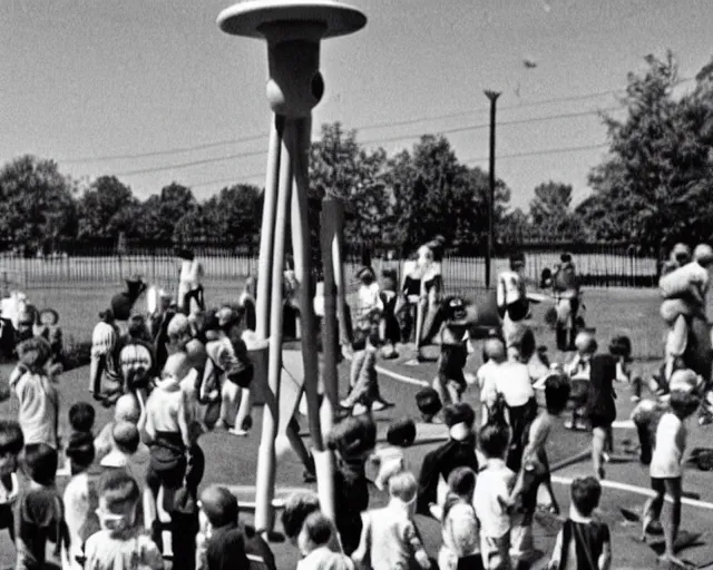 Image similar to an old photo of a crowded playground from the 1 9 5 0 s with slenderman in the background