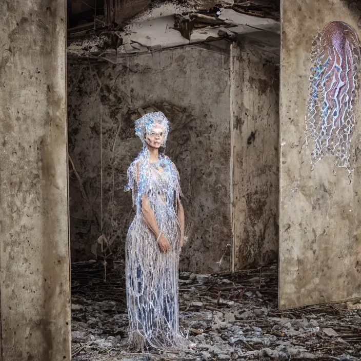 Prompt: a closeup portrait of a woman wearing a dress made of jelly fish and eels, standing in a derelict building, color photograph, by vincent desiderio, canon eos c 3 0 0, ƒ 1. 8, 3 5 mm, 8 k, medium - format print