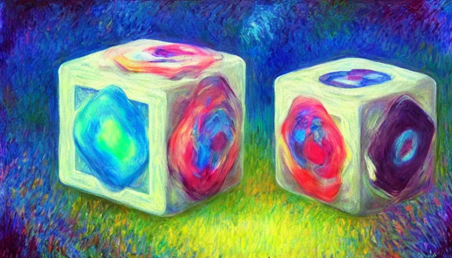 Image similar to beautiful portrait painting of companion - cube!!!!!!!!!!!! companion - cube!!!!!!!!!, monet, rhads,