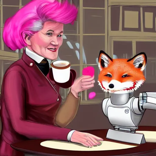 Image similar to captain janeway sharing coffee with a robotic fox with pink hair, inside a french cafe, digital art
