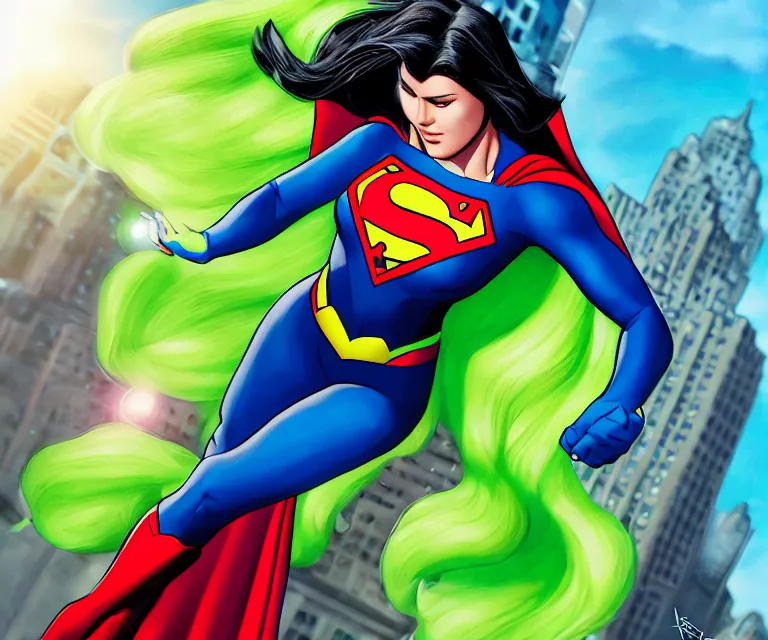 Prompt: supergirl as she - hulk by artgerm, intricate, face, symmetrical eyes, times square cityscape, elegant, beautiful, highly detailed, dramatic lighting, sharp focus, trending on artstation, artstationhd, artstationhq, unreal engine, 4 k, 8 k