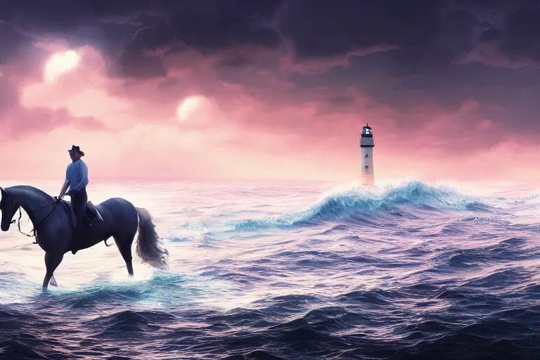 Prompt: photo of man riding a horse along the beach, glowing underwater waves toward a lighthouse in the distance guiding his way, silhouette, wide horizon, large white clouds, seagulls, night, intricate, elegant, highly detailed, digital painting, artstation, concept art, smooth, sharp focus, illustration, art by artgerm and greg rutkowski and fra angelico