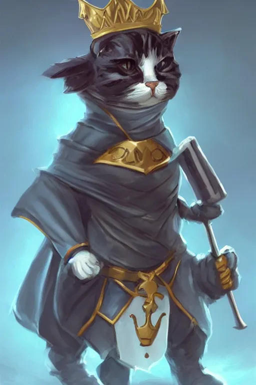 Image similar to cute anthropomorphic Tuxedo cat knight wearing a cape and a crown and holding a bow, tiny, short, pale blue armor, cute and adorable, pretty, beautiful, DnD character art portrait, matte fantasy painting, DeviantArt Artstation, by Jason Felix by Steve Argyle by Tyler Jacobson by Peter Mohrbacher, cinematic lighting