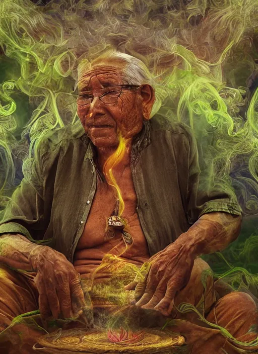 Prompt: a vision of the tobacco plant teacher spirit as an old indigenous man during an ayahuasca ceremony, surrounded by thick smoke, fractals, fantasy art, matte painting, highly detailed