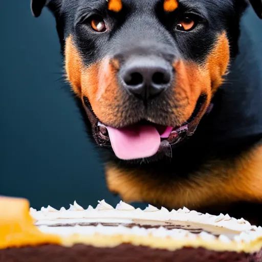 Image similar to a high - quality photo of a cute rottweiler with a half - eaten birthday cake, 4 5 mm, f 3. 5, sharpened, iso 2 0 0, raw