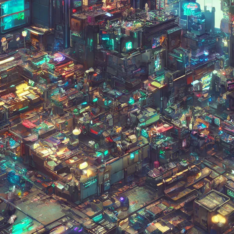 Prompt: cyberpunk marketplace, Highly Detailed, Art Station, Ray Tracing