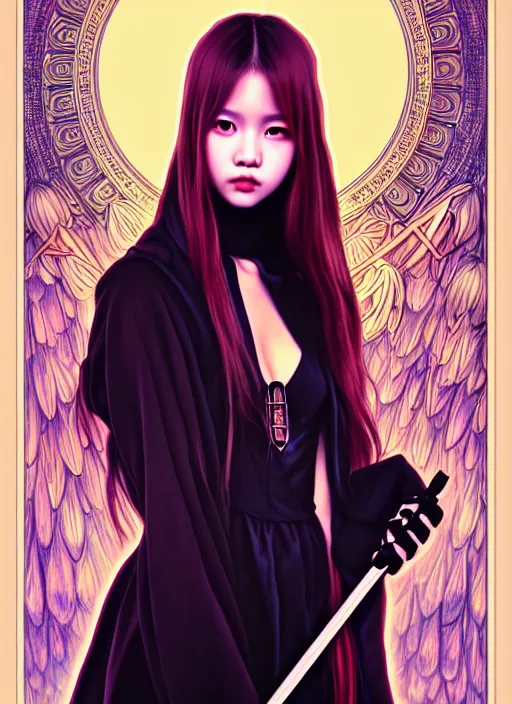 Image similar to lalisa manoban of blackpink, grim reaper costume, tarot card, highly detailed, digital painting, smooth, sharp focus, illustration, ultra realistic, 8 k, art by artgerm and alphonse mucha