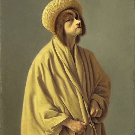 Image similar to A portrait of a fox in a pale yellow flowing robe by Robert Cleminson and Carl Friedrich Deiker