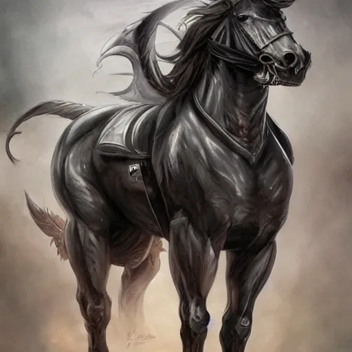 Image similar to a black exaggeratedly muscular anthropomorphized horse with a magnificently muscular physique wearing a skintight tactical armor protecting a facility, long white mane, equine, anthro art, furaffinity, highly detailed, realistic, full body, digital painting, artstation, sharp focus, concept art, illustration, art by artgerm, greg rutkowski, wlop