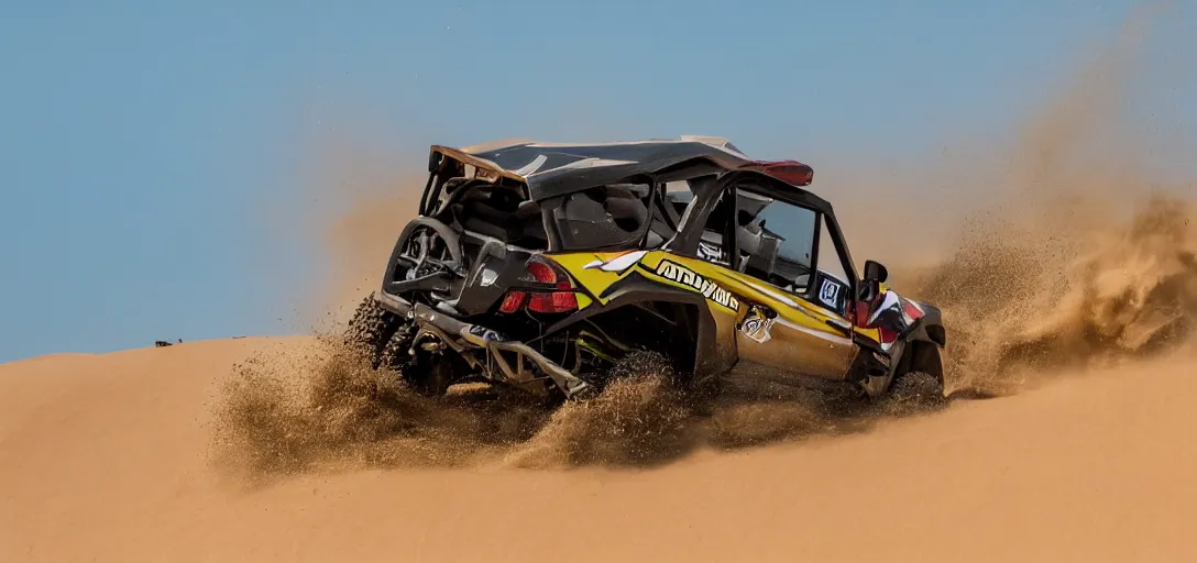 Image similar to action photography of a utv ripping through the dunes, 8 k photography, action sports, oasis in background,