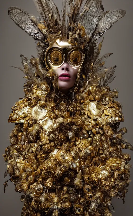 Prompt: full size golden armor, cultist robe, flower mask, ornate, made of sniny latex, feathers, crystals, and smoke by giger and irene van herpen + cyberpunk + steampunk + bees + flowers, insects, honeycombs + sharpened + extremely detailed + harsh gallery lighting + cinematic