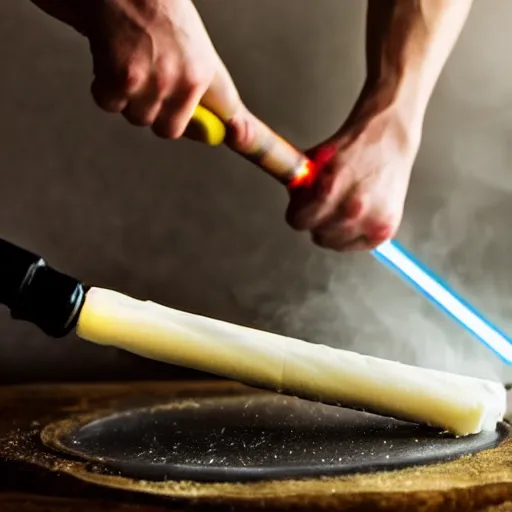 Prompt: stick of butter being cut with a light saber, 5 0 mm, beautiful photo