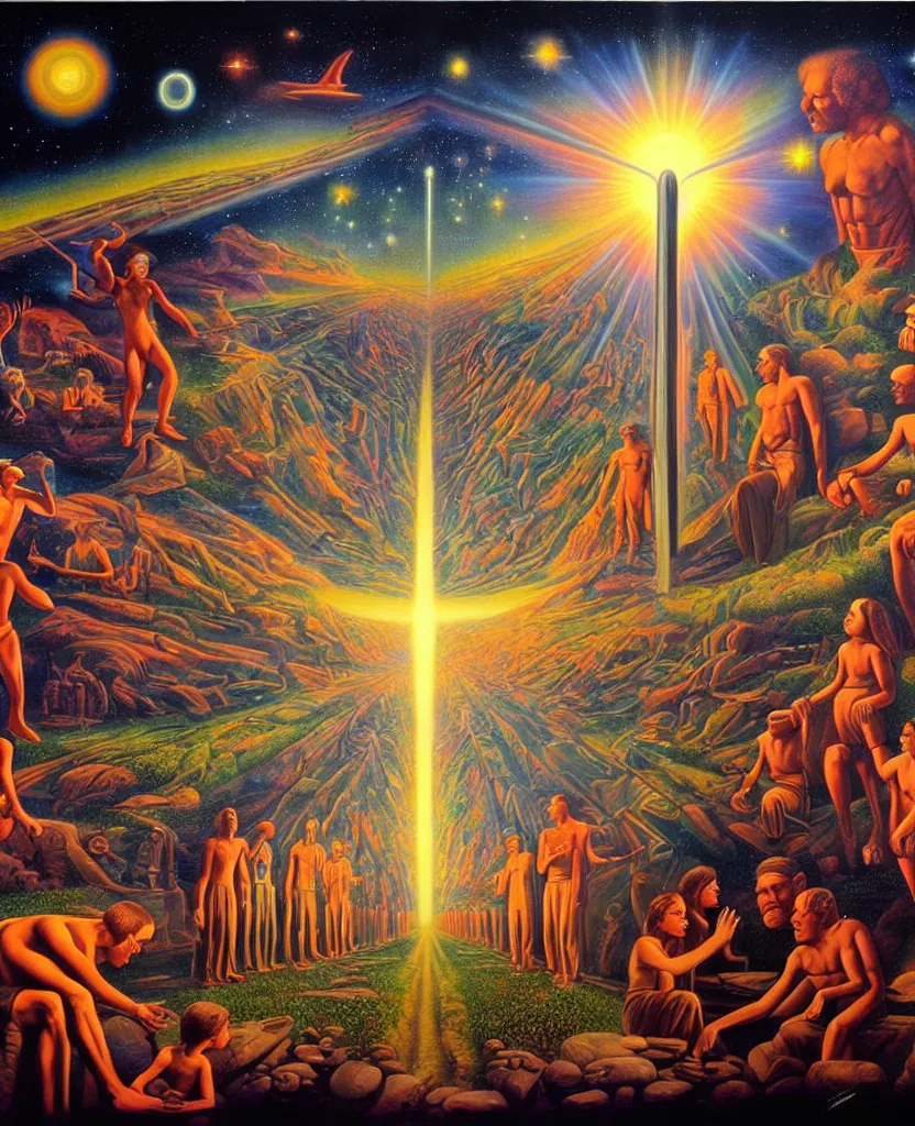 Image similar to a beautiful future for human evolution, spiritual science, divinity, utopian, by david a. hardy, wpa, public works mural, socialist