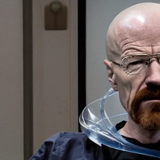 Image similar to walter white with a rough beard, wearing a clear plastic scuba rebreather, sitting in a wheelchair in a courtroom.