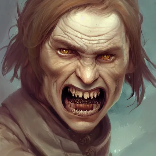 Prompt: a detailed matte head - on portrait painting of an ugly halfling man, with a large scar and missing teeth portrait by charlie bowater, lise deharme, wlop, tending on arstation, dungeons and dragon, dnd, pathfinder, fanart, oil on canvas