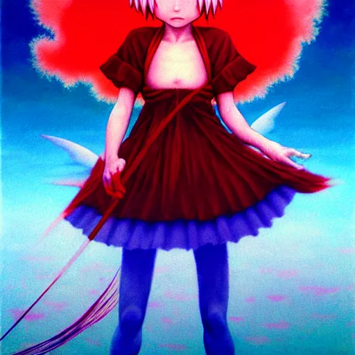 Image similar to cirno from touhou project in the style of zdzisław beksinski, painting, detailed, fine art, touhou project, cirno, ice fairy
