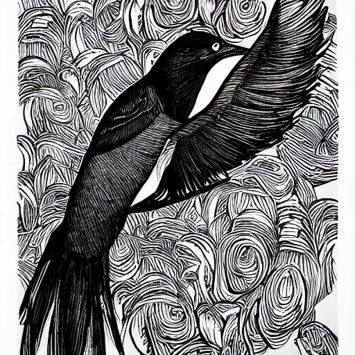 Image similar to bird illustration, Matt adrian, black ink on white paper, high definition 4k