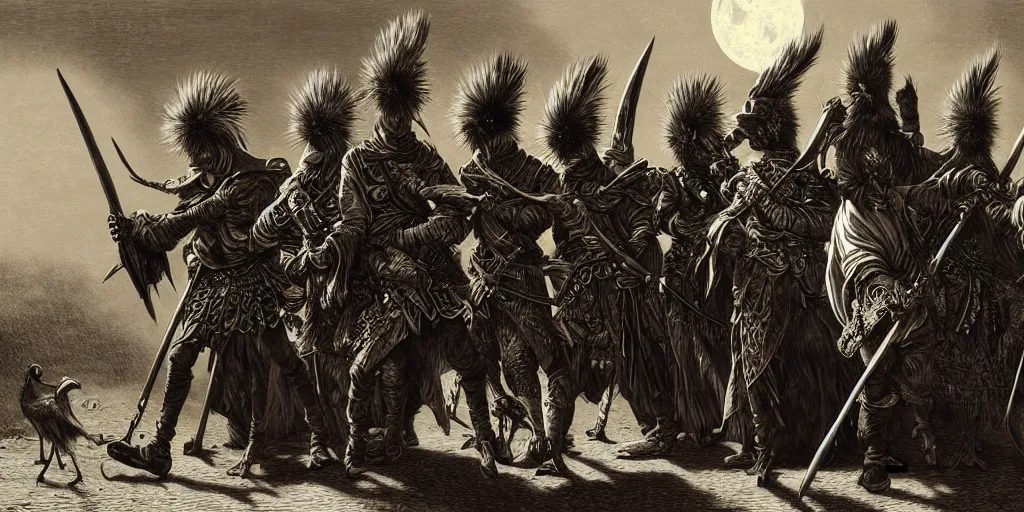 Prompt: a gang of emu banditos, d & d, fantasy, intricate, artstation, sharp focus, digital art, gustave dore, caravaggio,