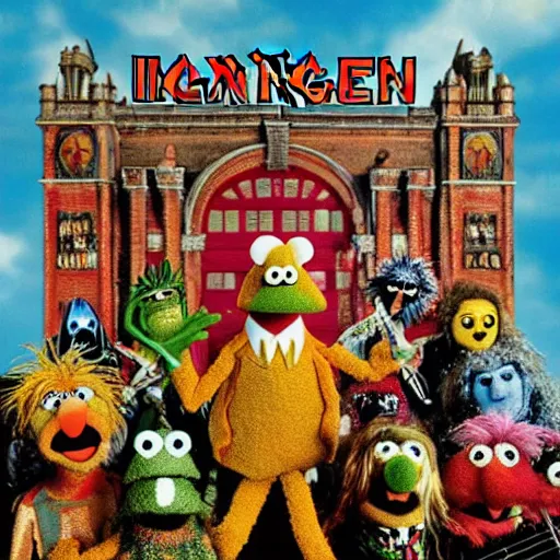 Image similar to animal the muppet on iron maiden album cover, 8 k resolution hyperdetailed scary heavy metal dystopian surrealism