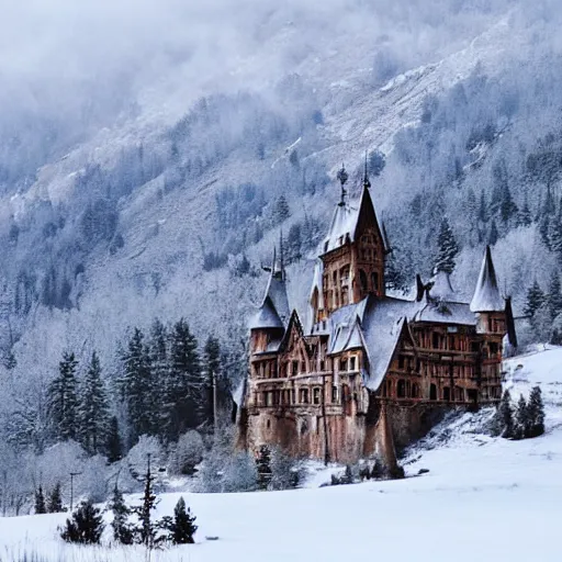 Prompt: vampire's castle in the mountains, snowy