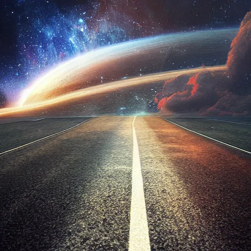 Image similar to endless road that looks like a piano in space, digital art