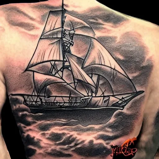 Image similar to A magical pirate ship, tattoo design on paper, hyper realistic shaded tattoo, award winning tattoo