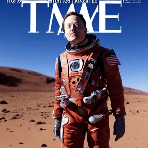 Prompt: elon musk standing on mars without space suit photorealistic time magazine cover