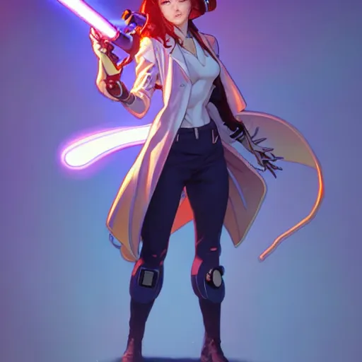 Image similar to a full body character design by artgerm, cushart krenz, ross tran, alphonse mucha. cute mad scientist girl lab coat futuristic shoulder cannon bazooka!! bold outline sharp edges. ultra clear detailed. 8 k. elegant, neon colors, dynamic angle, intricate complexity, epic composition, action pose, cinematic lighting masterpiece