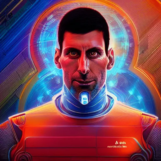 Image similar to a beautiful digital artwork of a cyborg novak djokovic by artgerm, tooth wu, dan mumford, beeple, wlop, rossdraws, james jean, marc simonetti. intricate, epic lighting, cinematic composition, hyper realistic, 8 k resolution, unreal engine 5