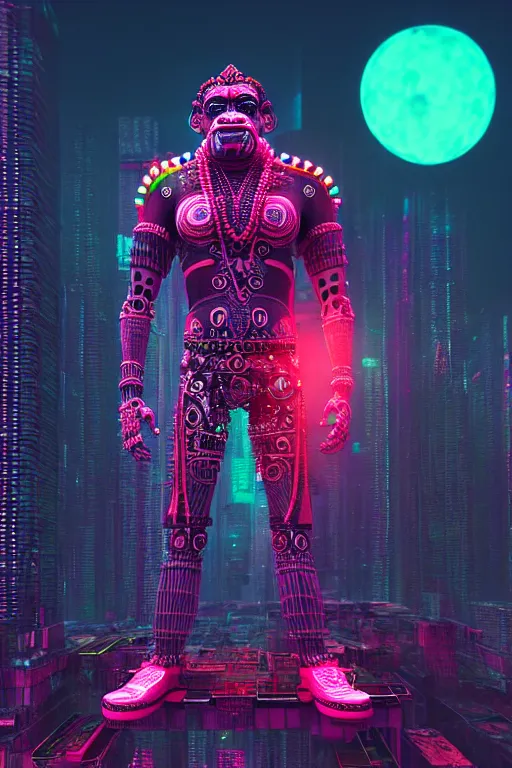 Image similar to high quality 3 d render neon cyborg!! hanuman! madhubani, highly detailed, cyberpunk mumbai in the background, unreal engine cinematic smooth, in the style of solaris, hannah yata charlie immer, moody light, low angle, uhd 8 k, sharp focus