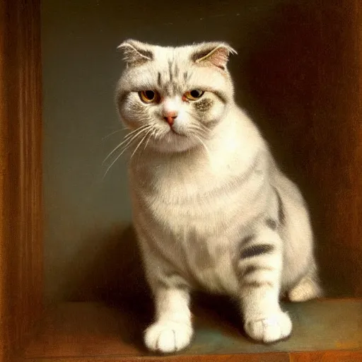 Prompt: Rembrandt portrait of a Scottish fold cat wearing a beautiful outfit