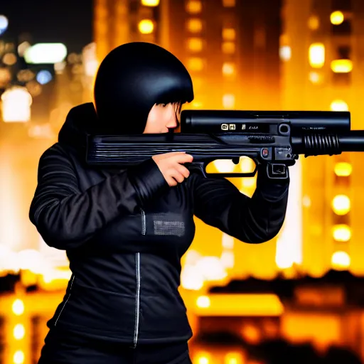 Image similar to photographic portrait of a techwear woman holding a shotgun, closeup, on the rooftop of a futuristic city at night, sigma 85mm f/1.4, 4k, depth of field, high resolution, 4k, 8k, hd, full color, Die Hard, movies with guns, movie firearms